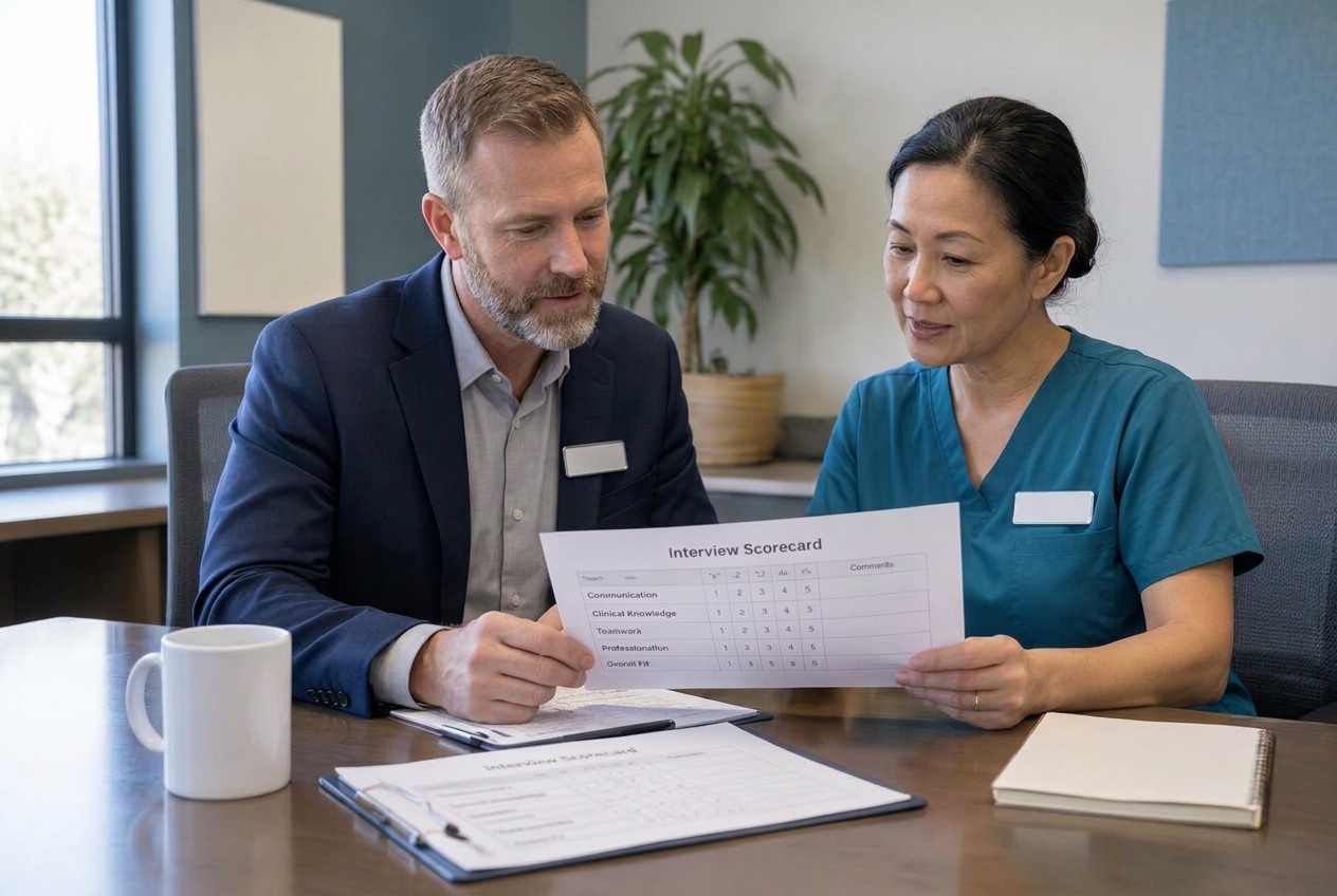 Illustrative photo of an administrator and nurse leader reviewing interview scorecards